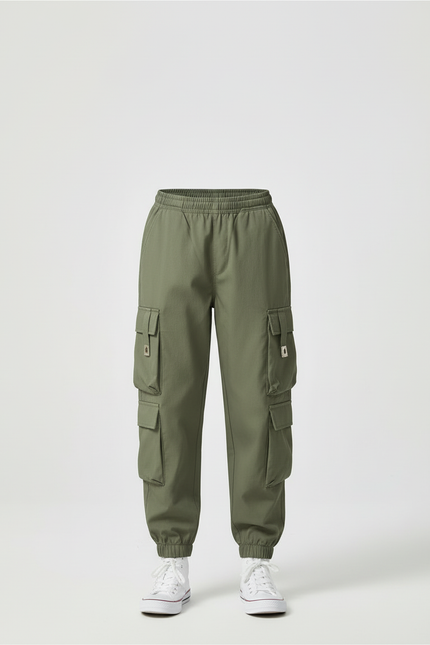 Pantalon Cargo Vert Olive Ample Enfant - Kaki Toile - vue 3