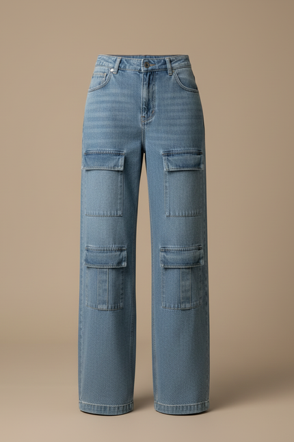 Pantalon Cargo Jean Large Bleu Multipoches Femme - vue 3