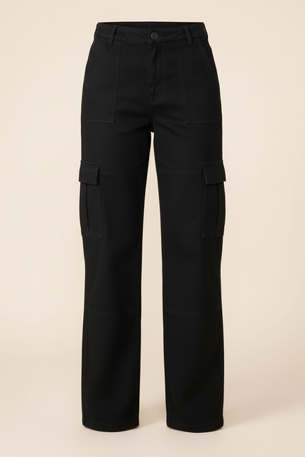 Pantalon Cargo Noir Ample Taille Haute Multipoches - Toile - vue 3