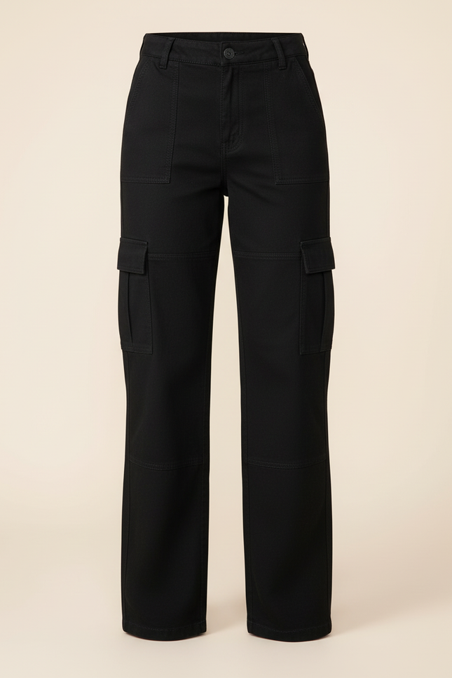Pantalon Cargo Noir Ample Taille Haute Multipoches - Toile - vue 3