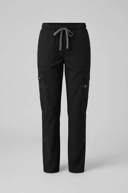 Pantalon Cargo Noir Droit Cordon Multi-Poches Confortable - Gabardine - vue 3