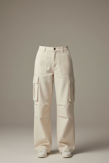 Pantalon Cargo Écru Ample Multipoches Décontracté - Beige Toile - vue 3