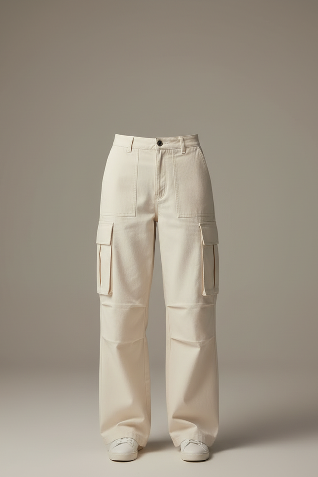 Pantalon Cargo Écru Ample Multipoches Décontracté - Beige Toile - vue 3