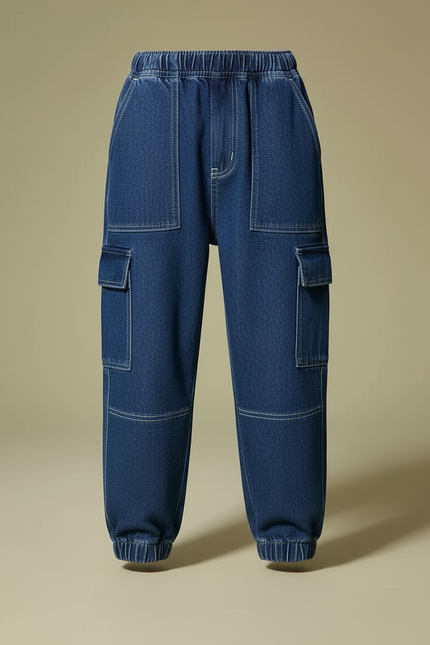 Pantalon Cargo Denim Bleu Ample Élastiqué Enfant - Jean - vue 3