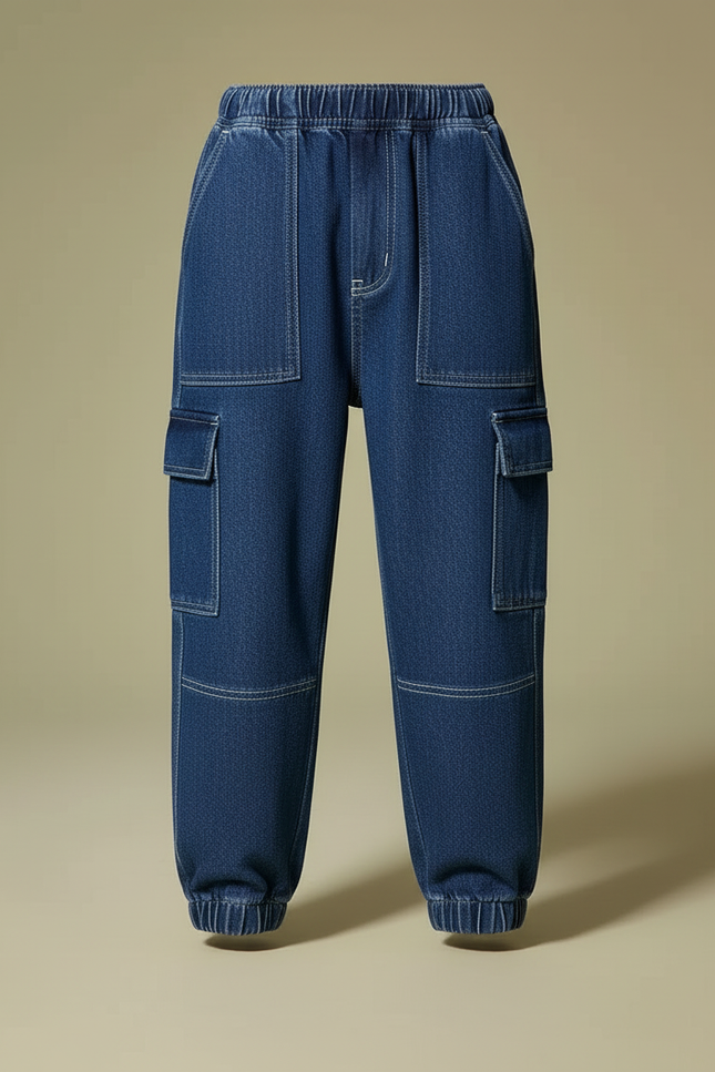 Pantalon Cargo Denim Bleu Ample Élastiqué Enfant - Jean - vue 3