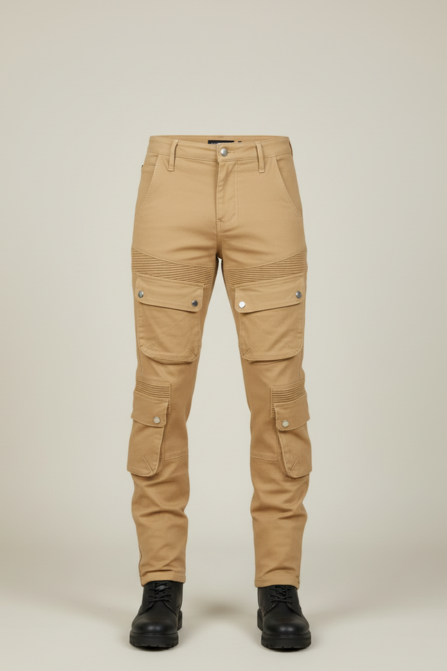 Pantalon Cargo Beige Slim Motard Multipoches Plissé Homme - Toile - vue 3