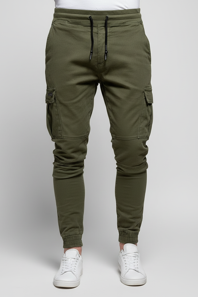 Pantalon Cargo Vert Militaire Jogger Cordon Élastique - Kaki Molleton - vue 3