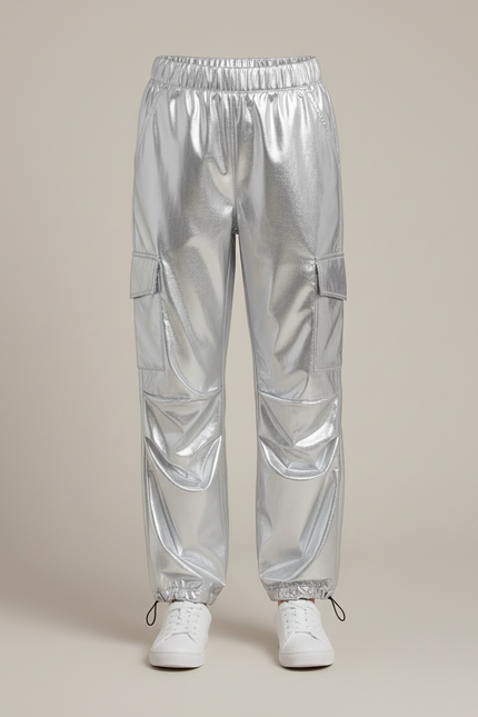 Pantalon Cargo Métallisé Argent Ample Fille Brillant - Argenté Polyester - vue 3