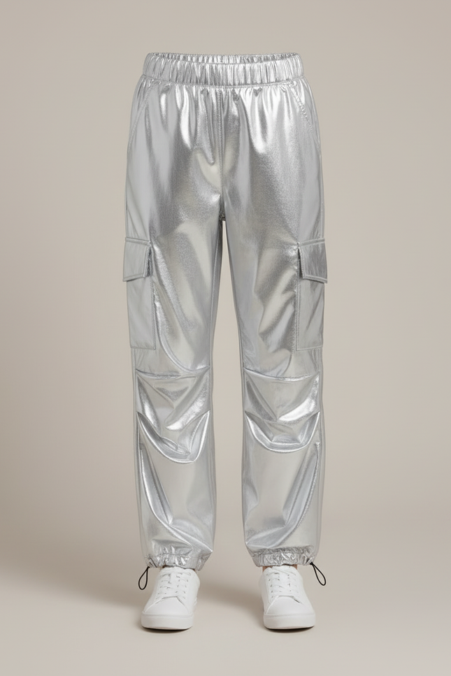 Pantalon Cargo Métallisé Argent Ample Fille Brillant - Argenté Polyester - vue 3