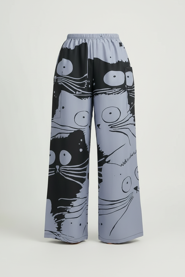 Pantalon Cargo Ample Imprimé Chats Gris Noir - Polyester - vue 3