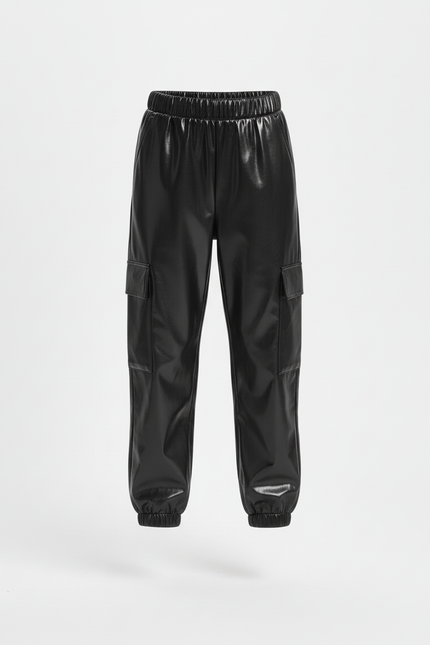 Pantalon Cargo Noir Brillant Ample Fille - Simili cuir - vue 3