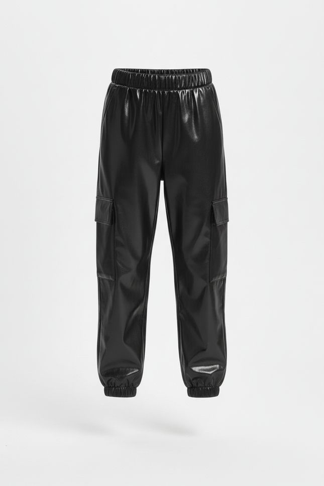 Pantalon Cargo Noir Brillant Ample Fille - Simili cuir - vue 3