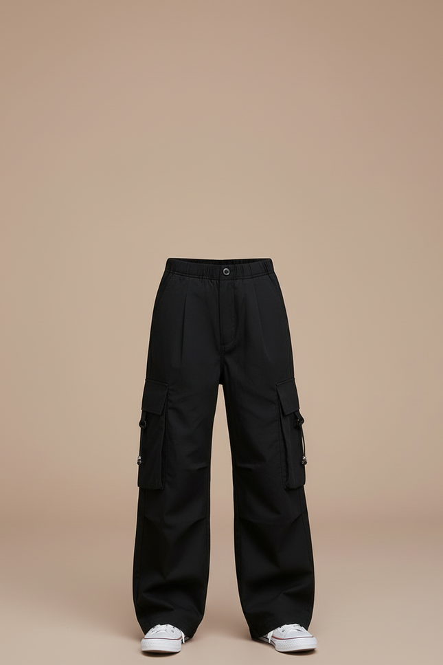 Pantalon Cargo Noir Décontracté Ample Fille Multipoches - Toile - vue 3