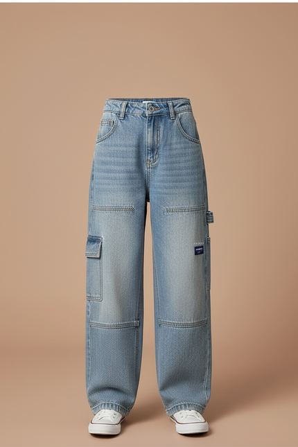 Pantalon Cargo Jean Ample Poches Denim Enfant Décontracté - Bleu - vue 3