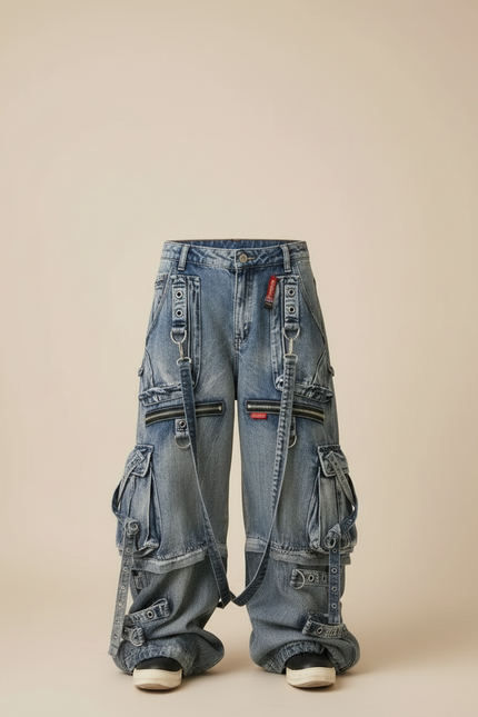 Pantalon Cargo Ample Denim Poches Zippées Enfant - Bleu Jean - vue 3