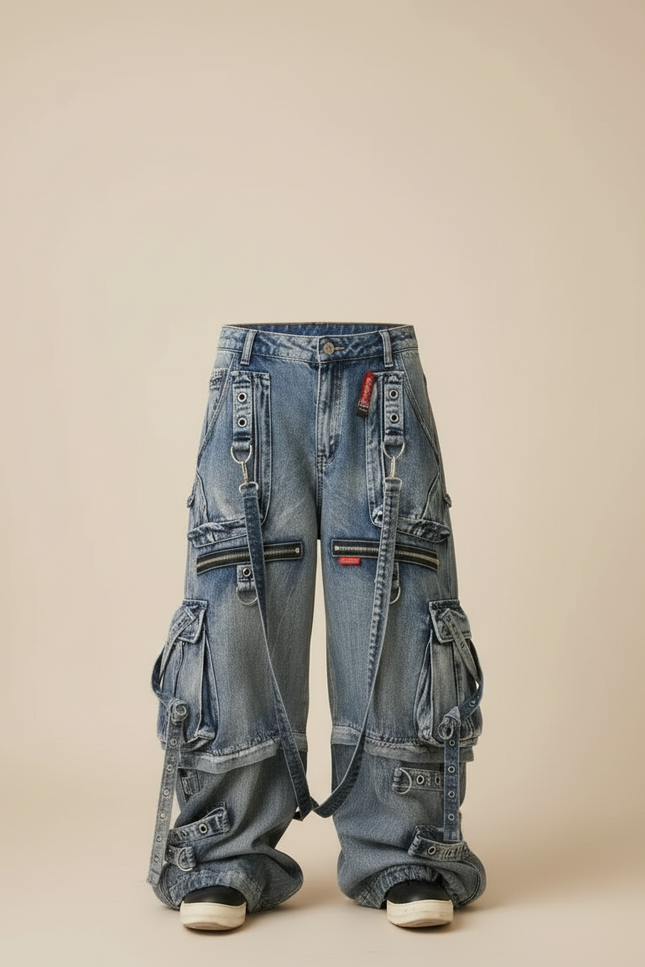 Pantalon Cargo Ample Denim Poches Zippées Enfant - Bleu Jean - vue 3