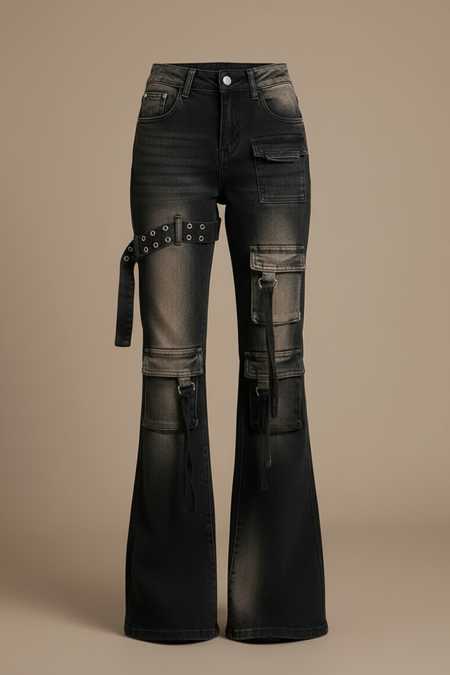Pantalon Cargo Évasé Vintage Distressed Ceinturé Femme - Noir Jean - vue 3