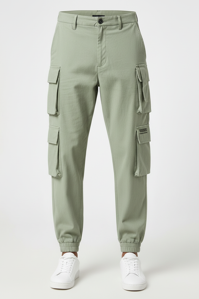 Pantalon Cargo Vert Clair Multipoches Cordon De Serrage - Gabardine - vue 3
