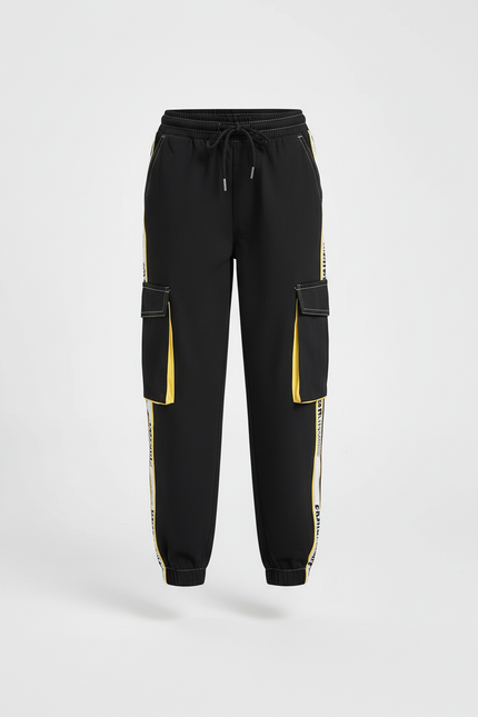 Pantalon Cargo Noir Bandes Latérales Jaune Poches Amples - Toile - vue 3