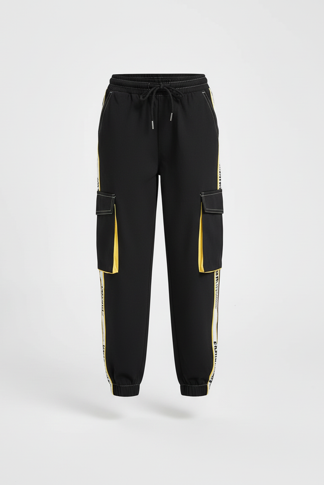 Pantalon Cargo Noir Bandes Latérales Jaune Poches Amples - Toile - vue 3
