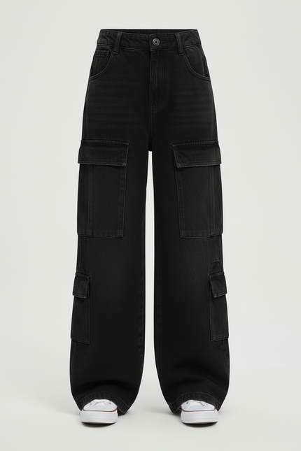 Pantalon Cargo Noir Ample Denim Fille Multipoches - Jean - vue 3