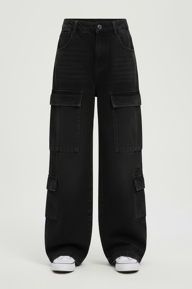 Pantalon Cargo Noir Ample Denim Fille Multipoches - Jean - vue 3
