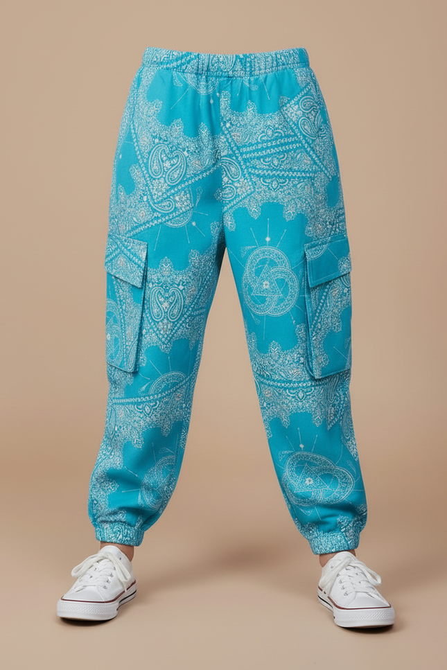 Pantalon Cargo Bleu Turquoise Ample Motif Paisley Enfant - Coton - vue 3