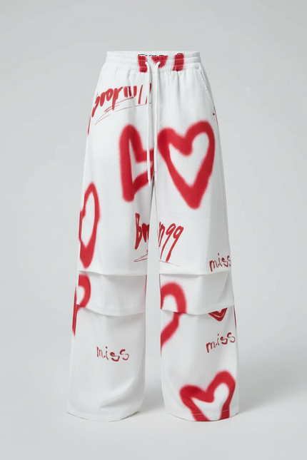 Pantalon Cargo Blanc Ample Graffiti Cœurs Rouges - Molleton - vue 2