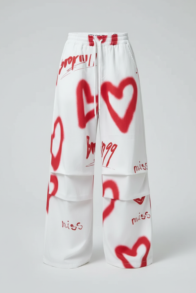 Pantalon Cargo Blanc Ample Graffiti Cœurs Rouges - Molleton - vue 2