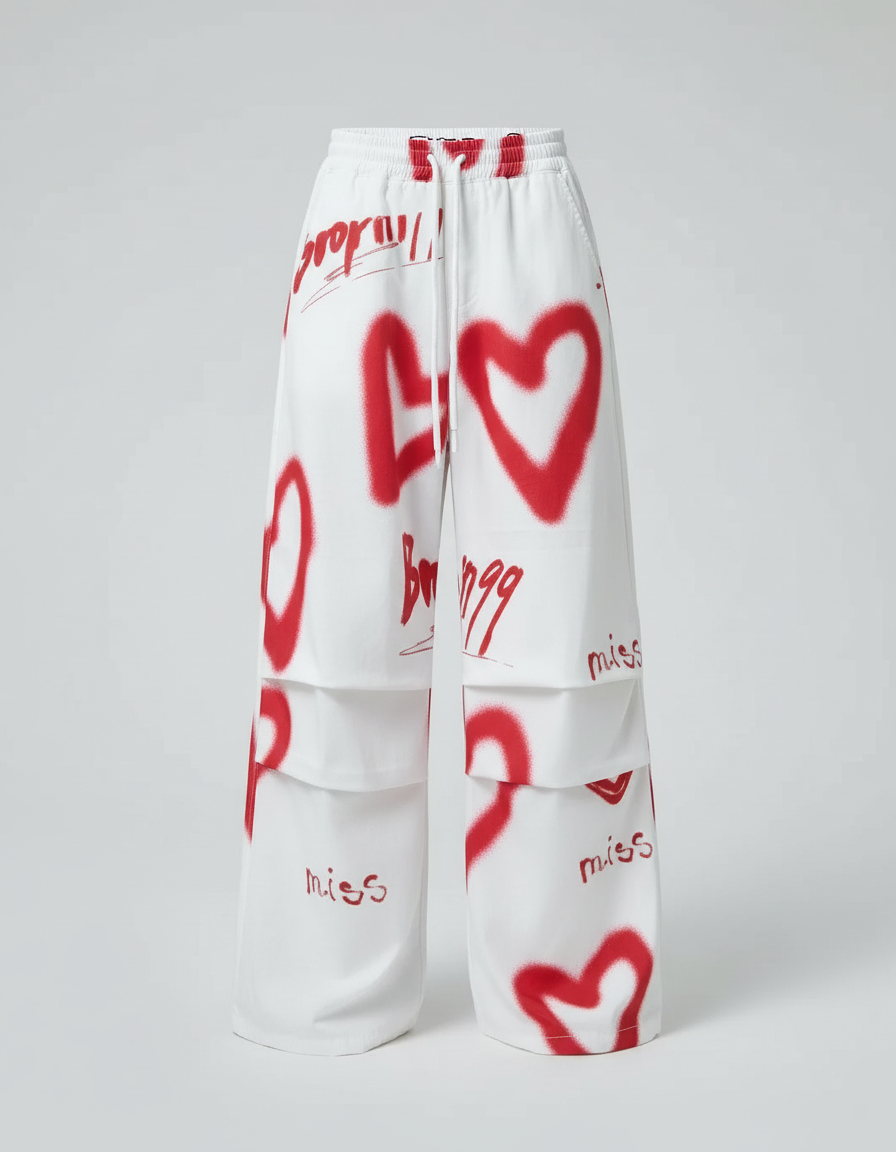 Pantalon Cargo Blanc Ample Graffiti Cœurs Rouges - Molleton - vue 2