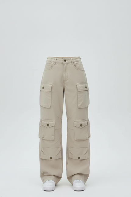 Pantalon Cargo Beige Ample Taille Haute Multipoches - Toile - vue 3