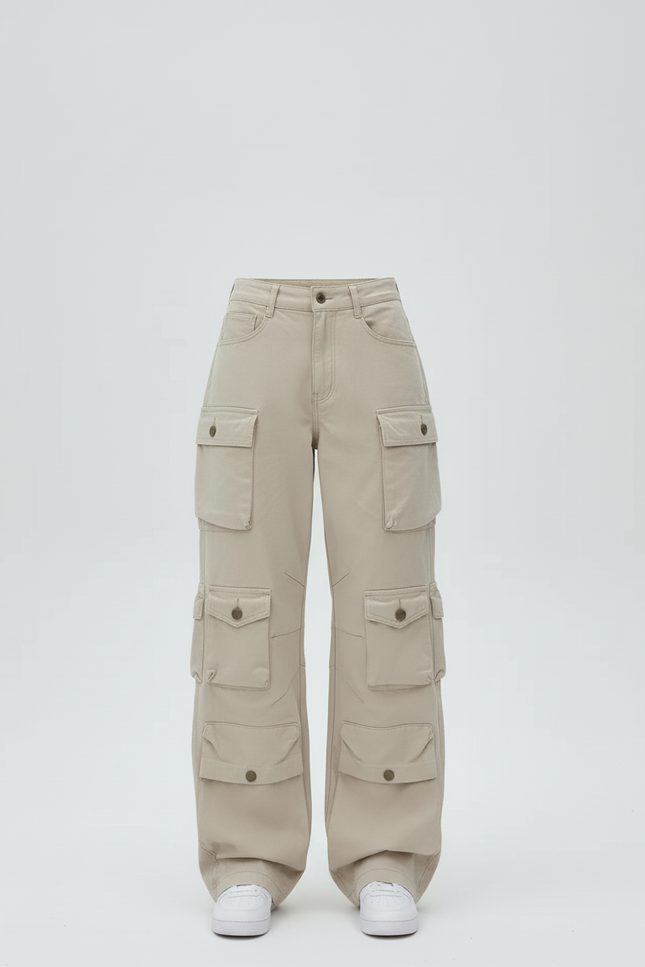 Pantalon Cargo Beige Ample Taille Haute Multipoches - Toile - vue 3