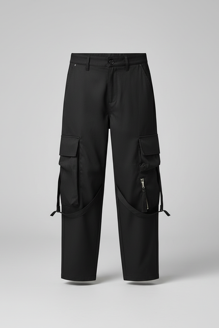 Pantalon Cargo Noir Ample Multipoches Garçon Zippé - Toile - vue 3