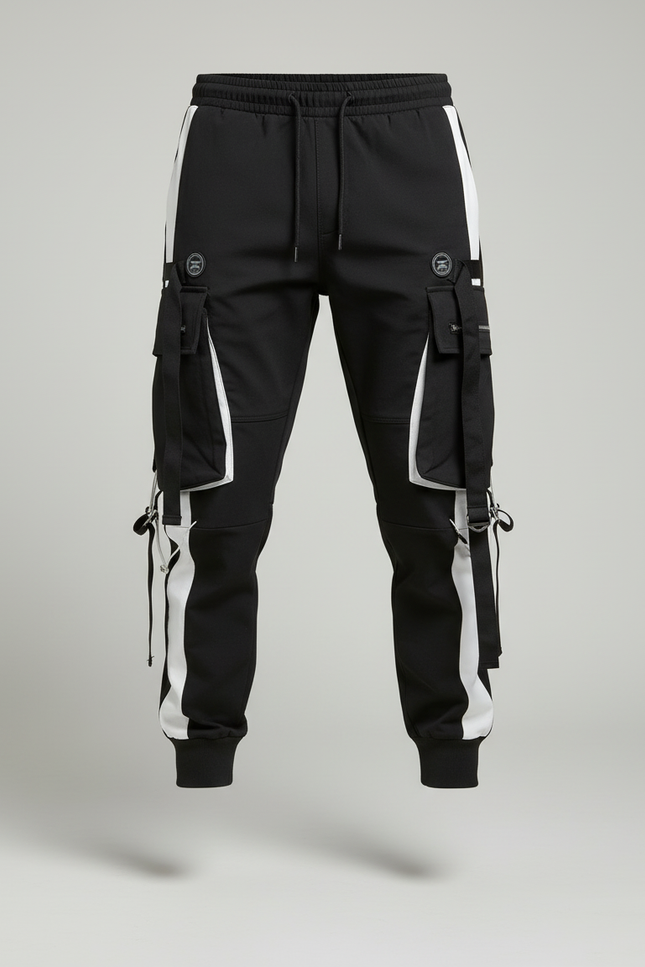 Pantalon Cargo Noir Blanc Homme Techwear Poches Multiples - Toile - vue 3